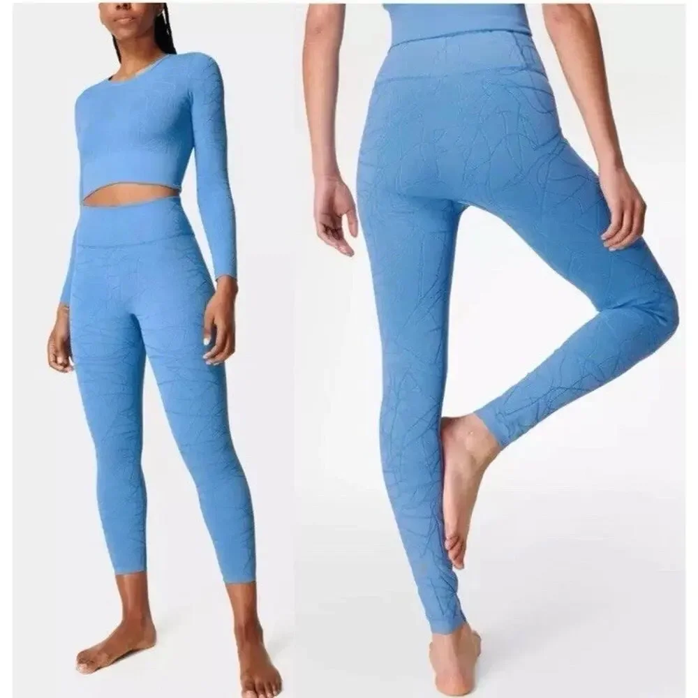 Sweaty Betty Seamless Leggings Motion Jacquard 7/8 Regatta Blue M - Picture 3 of 11